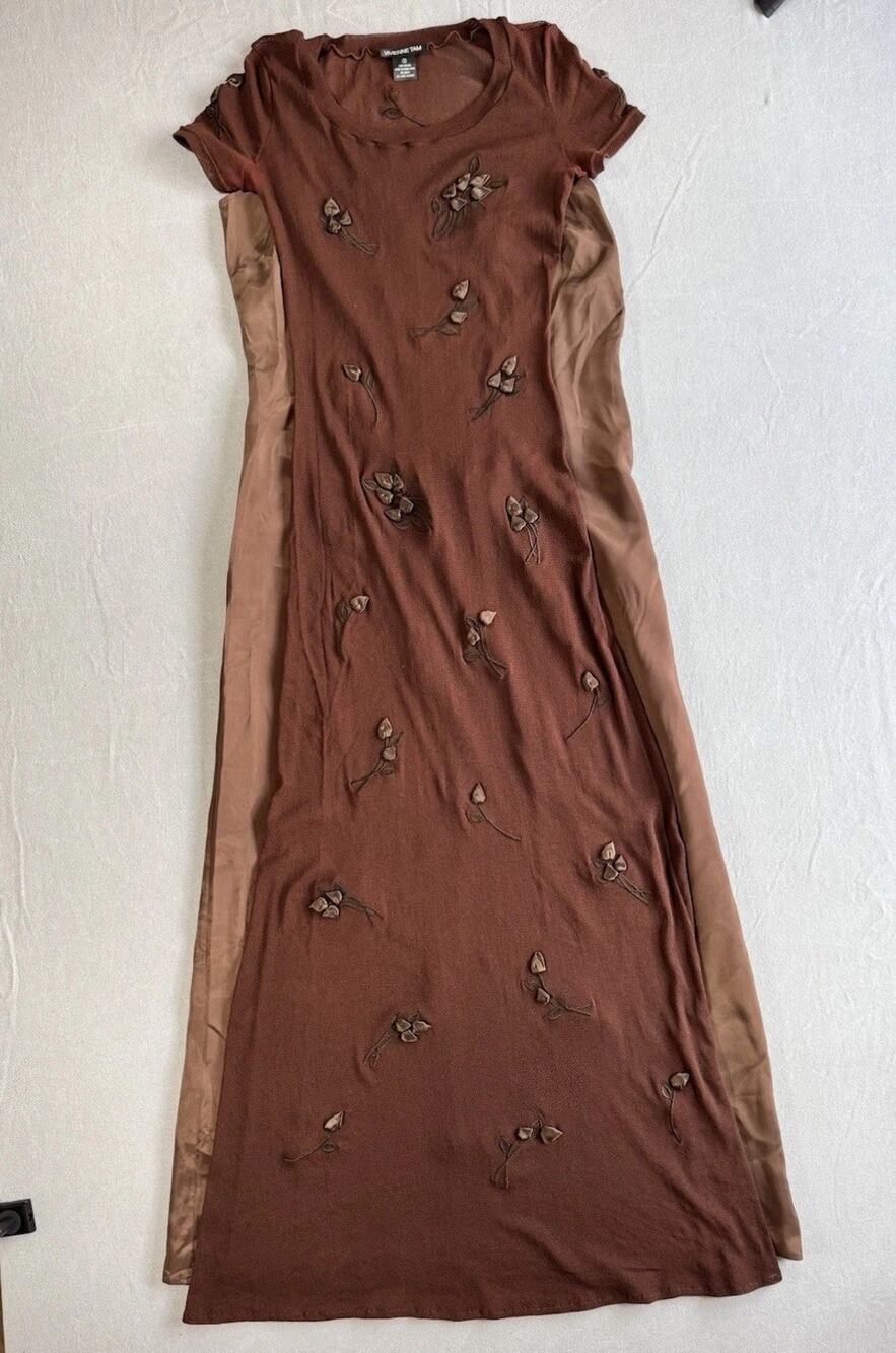Rare Vintage 90s Vivienne Tam Brown Mesh Rose Appliqué Maxi Dress Set Size 2
